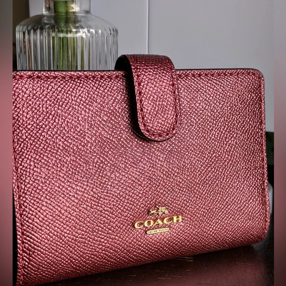 COACH Metallic Rose Pink Textured Leather Wallet with Gold Logo